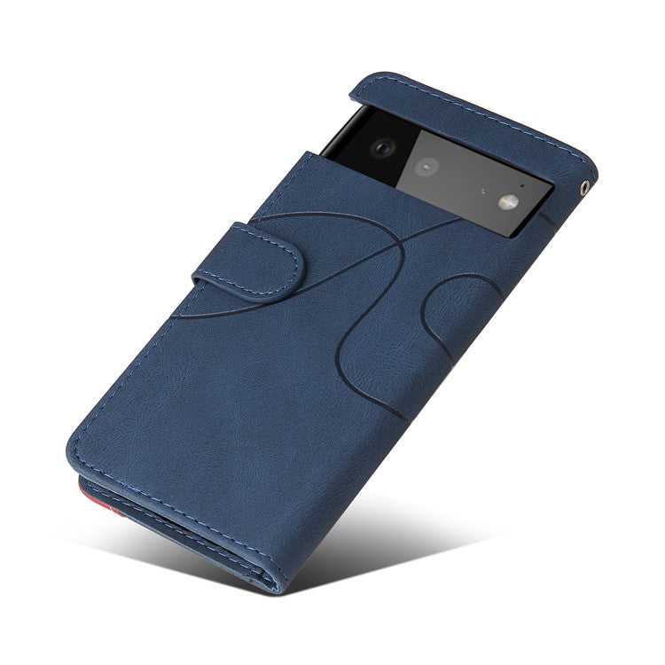 KT Leather Series-1 Bi-color Splicing Design Leather Wallet Case Stand Shell with Handy Strap for Google Pixel 6 Pro - Blue