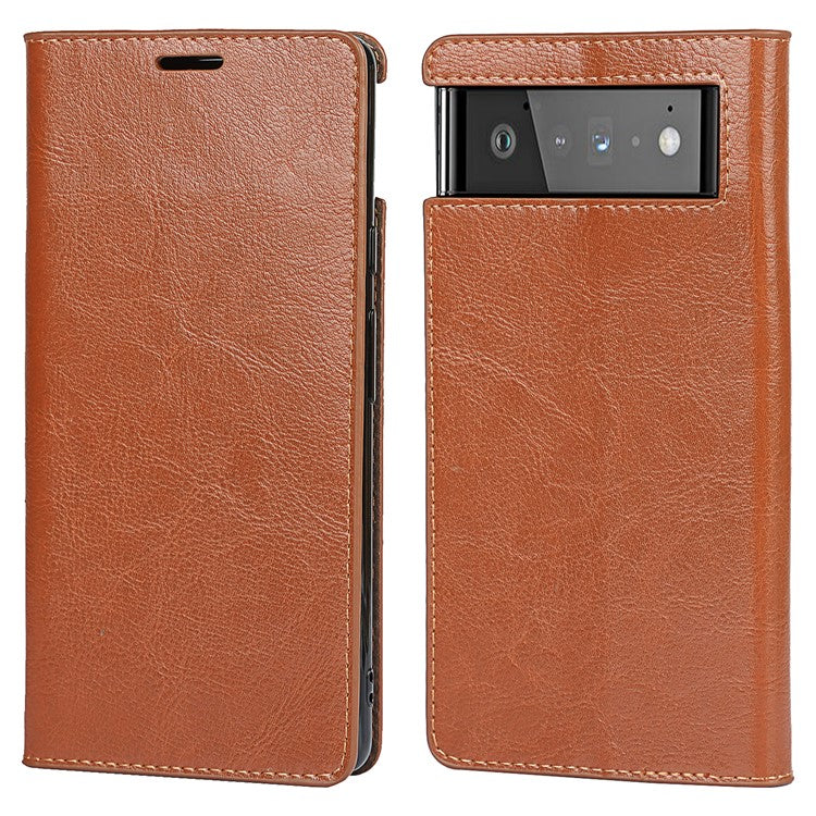 Drop-Proof Crazy Horse Genuine Leather Case with Wallet Stand Design for Google Pixel 6 - Light Brown
