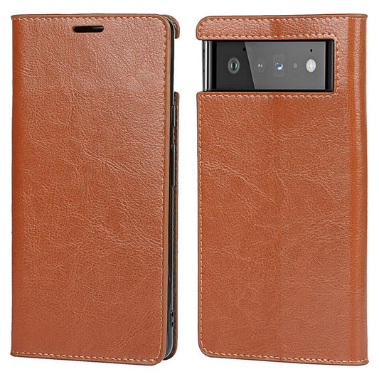 Drop-Proof Crazy Horse Genuine Leather Case with Wallet Stand Design for Google Pixel 6 - Light Brown