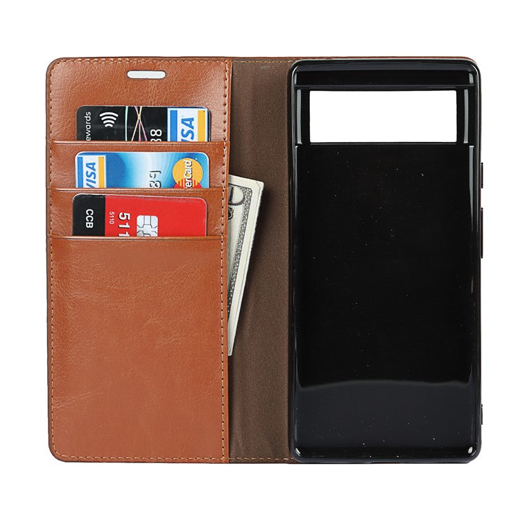 Drop-Proof Crazy Horse Genuine Leather Case with Wallet Stand Design for Google Pixel 6 - Light Brown