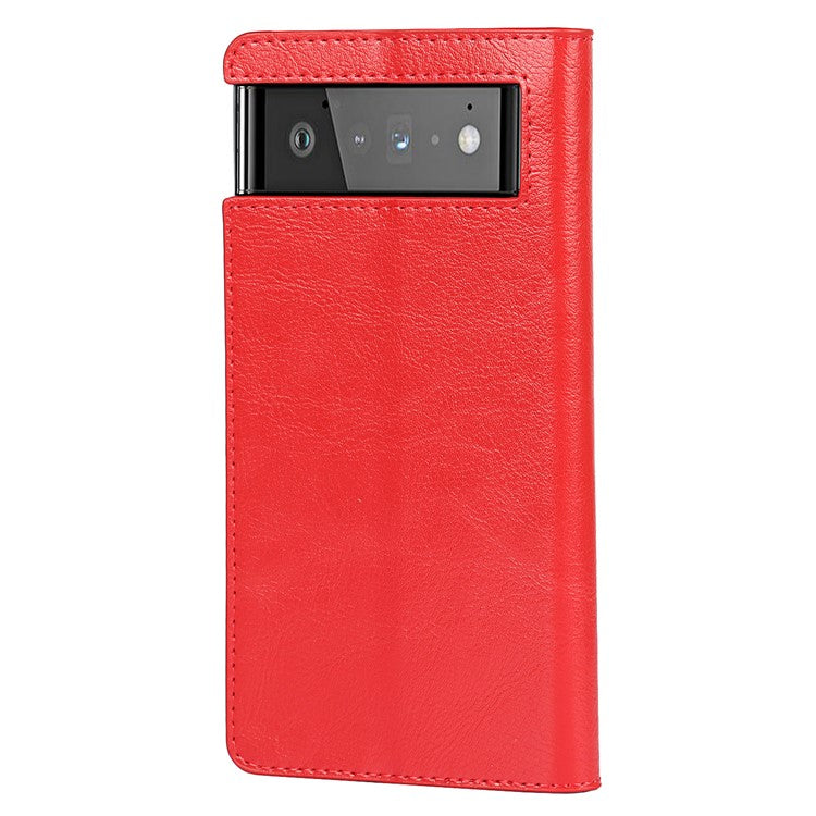 Drop-Proof Crazy Horse Genuine Leather Case with Wallet Stand Design for Google Pixel 6 - Red