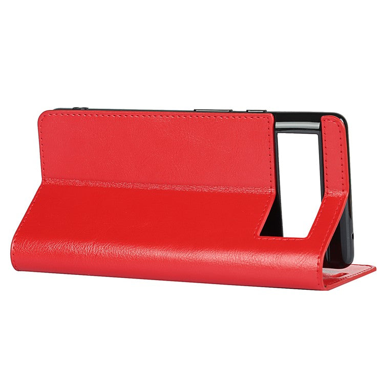 Drop-Proof Crazy Horse Genuine Leather Case with Wallet Stand Design for Google Pixel 6 - Red