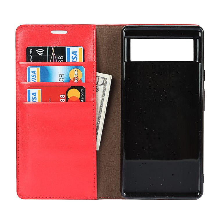 Drop-Proof Crazy Horse Genuine Leather Case with Wallet Stand Design for Google Pixel 6 - Red