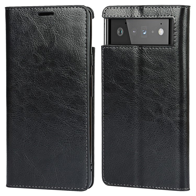 Drop-Proof Crazy Horse Genuine Leather Case with Wallet Stand Design for Google Pixel 6 - Black