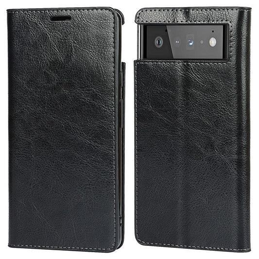 Drop-Proof Crazy Horse Genuine Leather Case with Wallet Stand Design for Google Pixel 6 - Black
