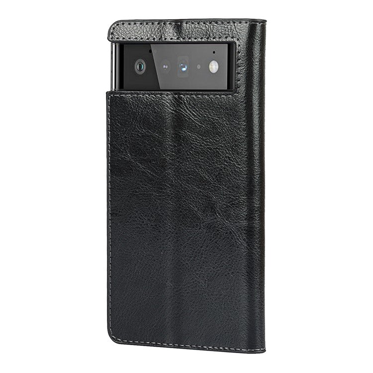 Drop-Proof Crazy Horse Genuine Leather Case with Wallet Stand Design for Google Pixel 6 - Black