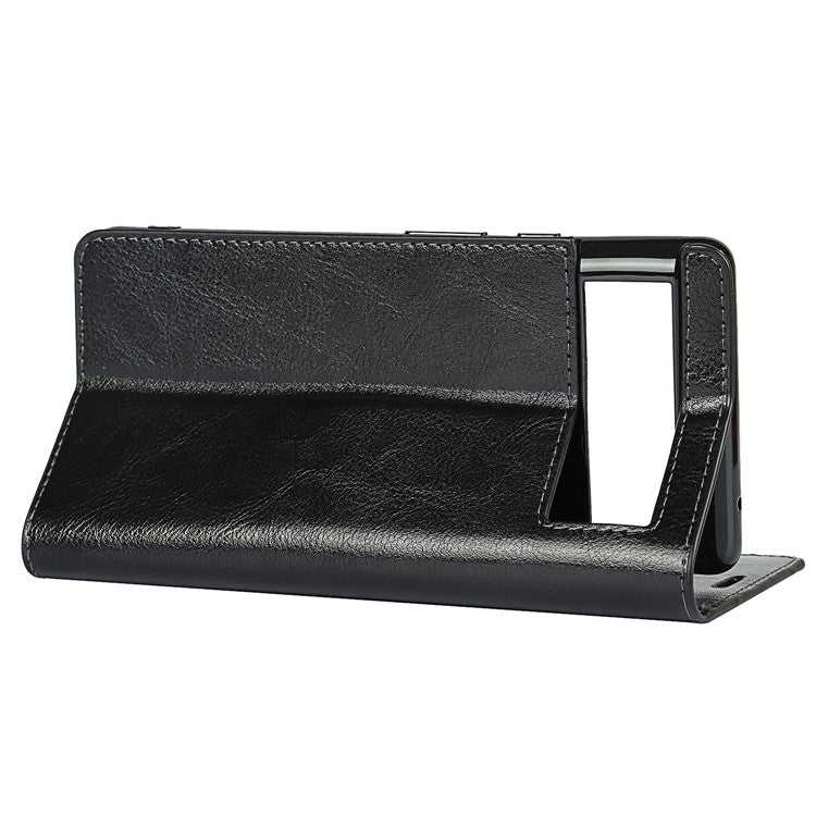 Drop-Proof Crazy Horse Genuine Leather Case with Wallet Stand Design for Google Pixel 6 - Black