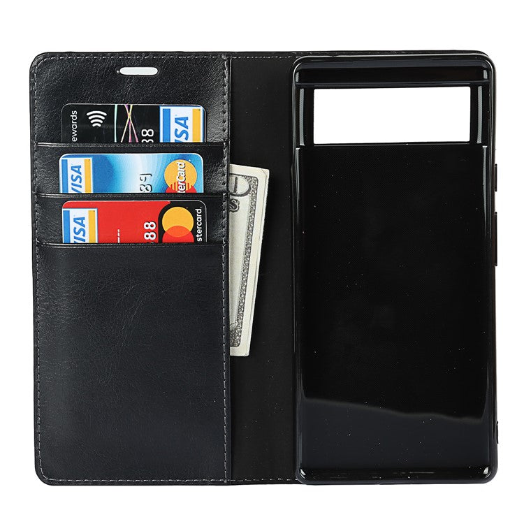 Drop-Proof Crazy Horse Genuine Leather Case with Wallet Stand Design for Google Pixel 6 - Black
