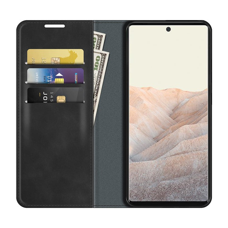 Folio Flip Style Skin-touch Auto-absorbed PU Leather Wallet Shockproof Stand Protective Cover for Google Pixel 6 Pro - Black