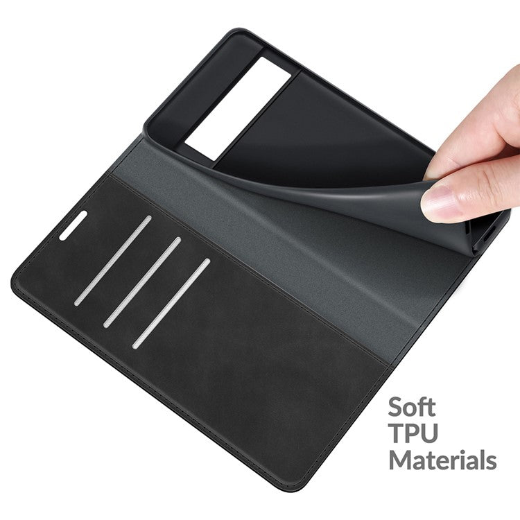 Folio Flip Style Skin-touch Auto-absorbed PU Leather Wallet Shockproof Stand Protective Cover for Google Pixel 6 Pro - Black