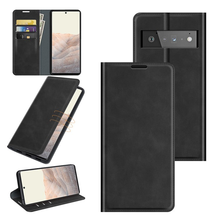Folio Flip Style Skin-touch Auto-absorbed PU Leather Wallet Shockproof Stand Protective Cover for Google Pixel 6 Pro - Black