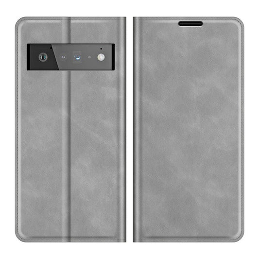 Folio Flip Style Skin-touch Auto-absorbed PU Leather Wallet Shockproof Stand Protective Cover for Google Pixel 6 Pro - Grey