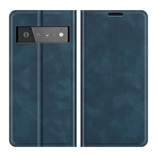 Folio Flip Style Skin-touch Auto-absorbed PU Leather Wallet Shockproof Stand Protective Cover for Google Pixel 6 Pro - Blue