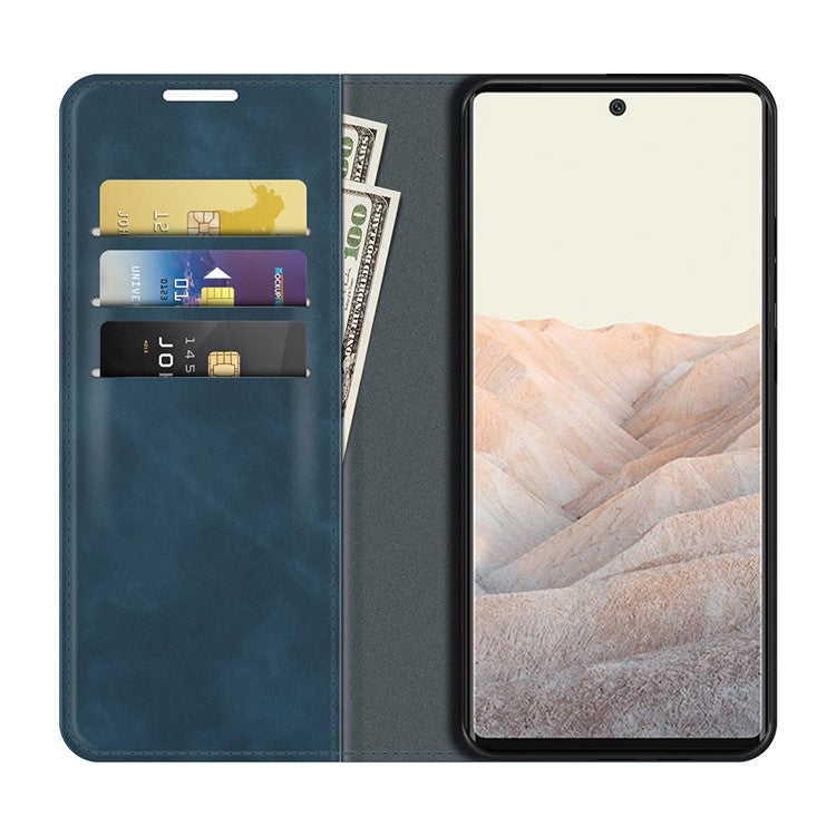 Folio Flip Style Skin-touch Auto-absorbed PU Leather Wallet Shockproof Stand Protective Cover for Google Pixel 6 Pro - Blue