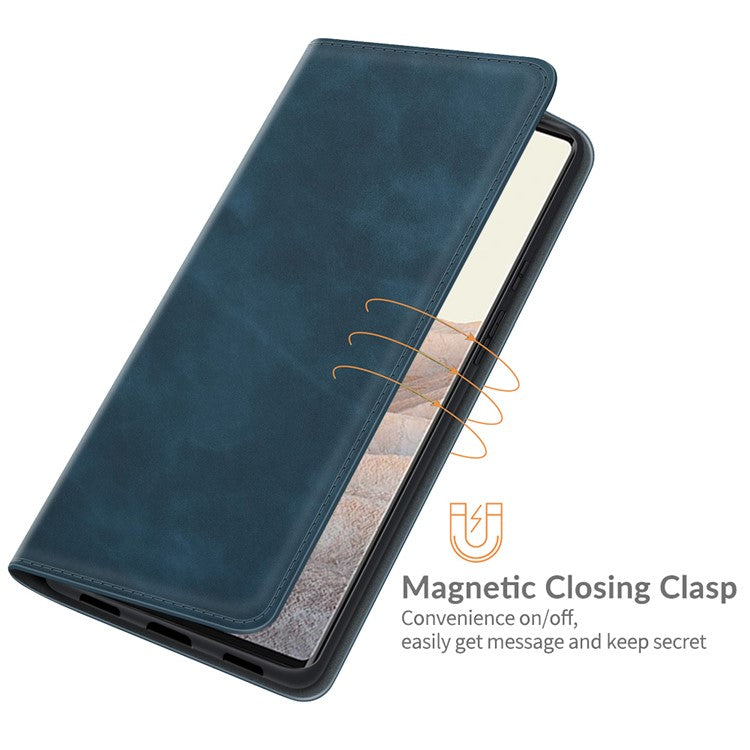 Folio Flip Style Skin-touch Auto-absorbed PU Leather Wallet Shockproof Stand Protective Cover for Google Pixel 6 Pro - Blue