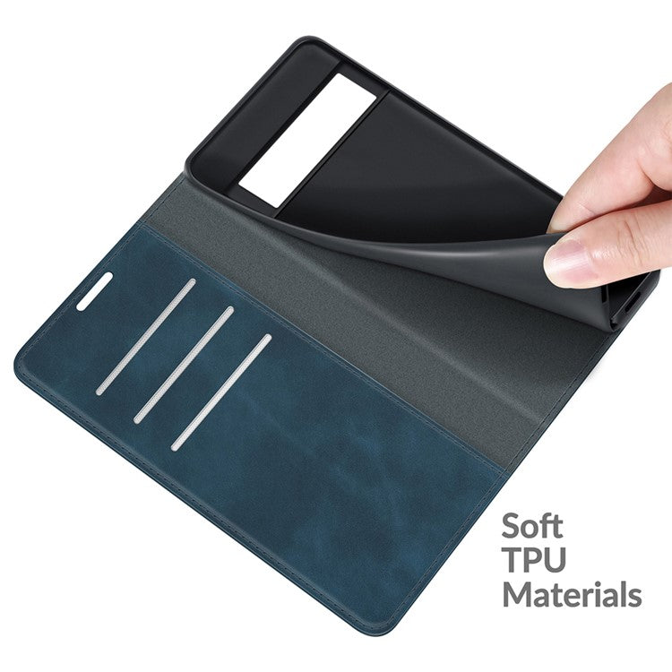 Folio Flip Style Skin-touch Auto-absorbed PU Leather Wallet Shockproof Stand Protective Cover for Google Pixel 6 Pro - Blue