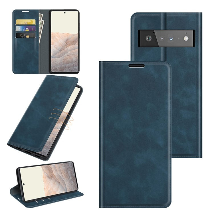 Folio Flip Style Skin-touch Auto-absorbed PU Leather Wallet Shockproof Stand Protective Cover for Google Pixel 6 Pro - Blue
