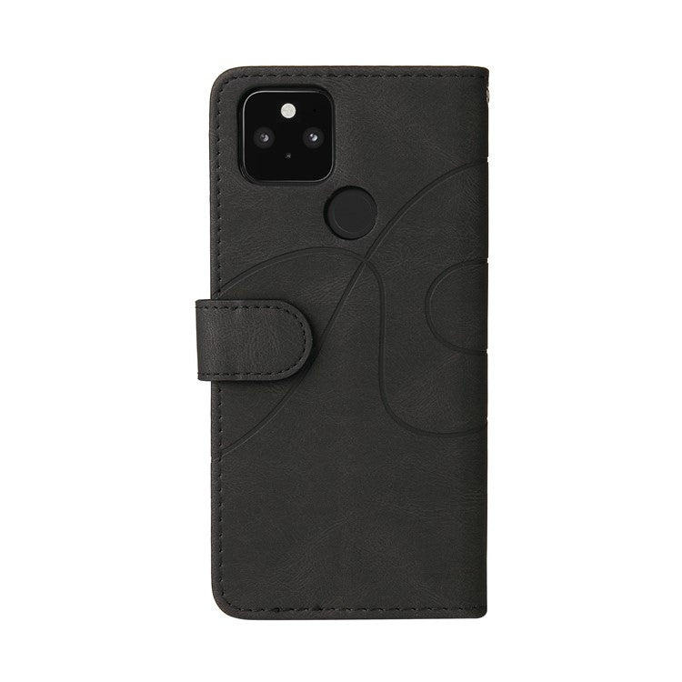 KT Leather Series-1 Dual-Color Contrast PU Leather Wallet Stand Case Cover with Wrist Strap for Google Pixel 5 XL - Black