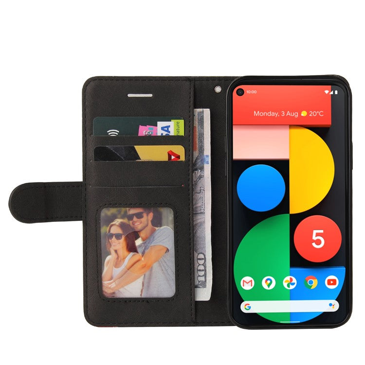 KT Leather Series-1 Dual-Color Contrast PU Leather Wallet Stand Case Cover with Wrist Strap for Google Pixel 5 XL - Black
