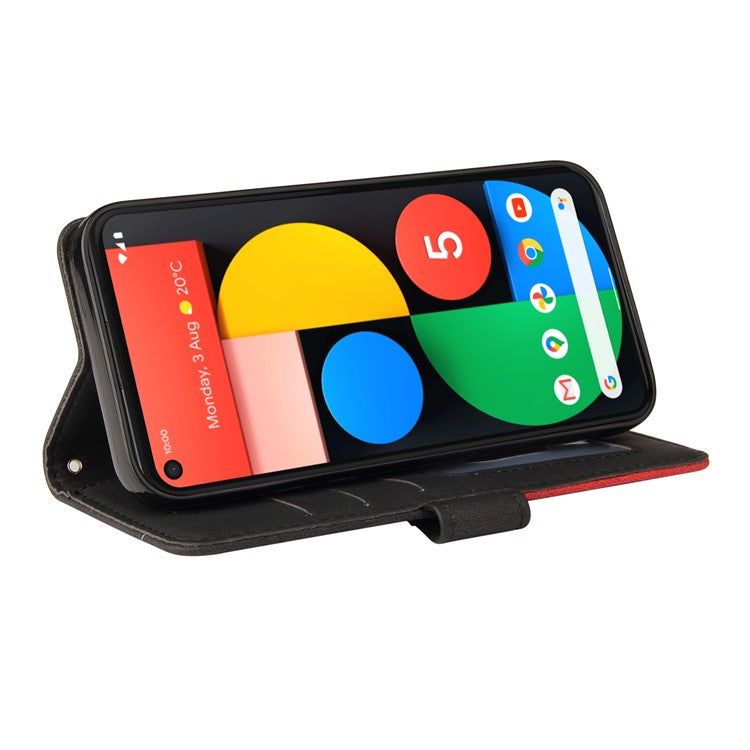 KT Leather Series-1 Dual-Color Contrast PU Leather Wallet Stand Case Cover with Wrist Strap for Google Pixel 5 XL - Black