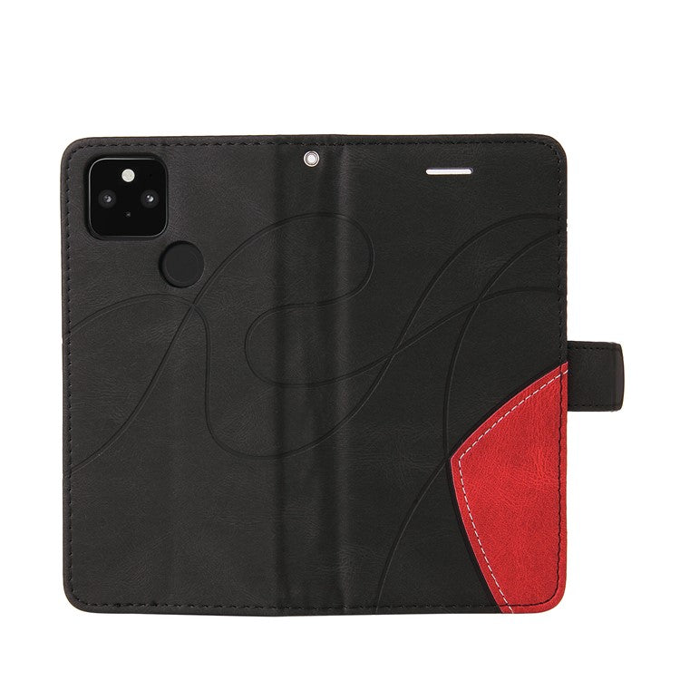 KT Leather Series-1 Dual-Color Contrast PU Leather Wallet Stand Case Cover with Wrist Strap for Google Pixel 5 XL - Black