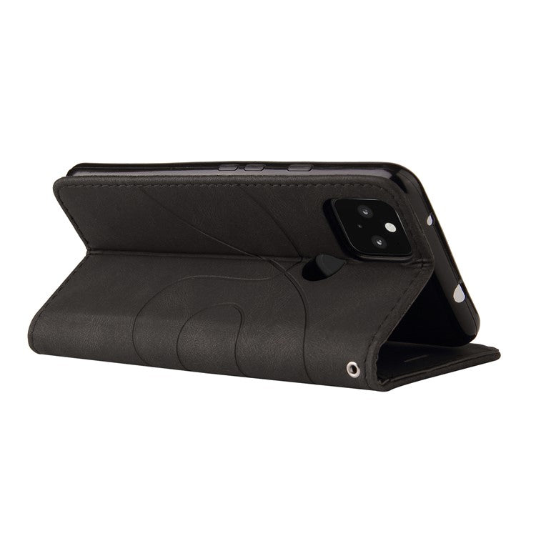 KT Leather Series-1 Dual-Color Contrast PU Leather Wallet Stand Case Cover with Wrist Strap for Google Pixel 5 XL - Black