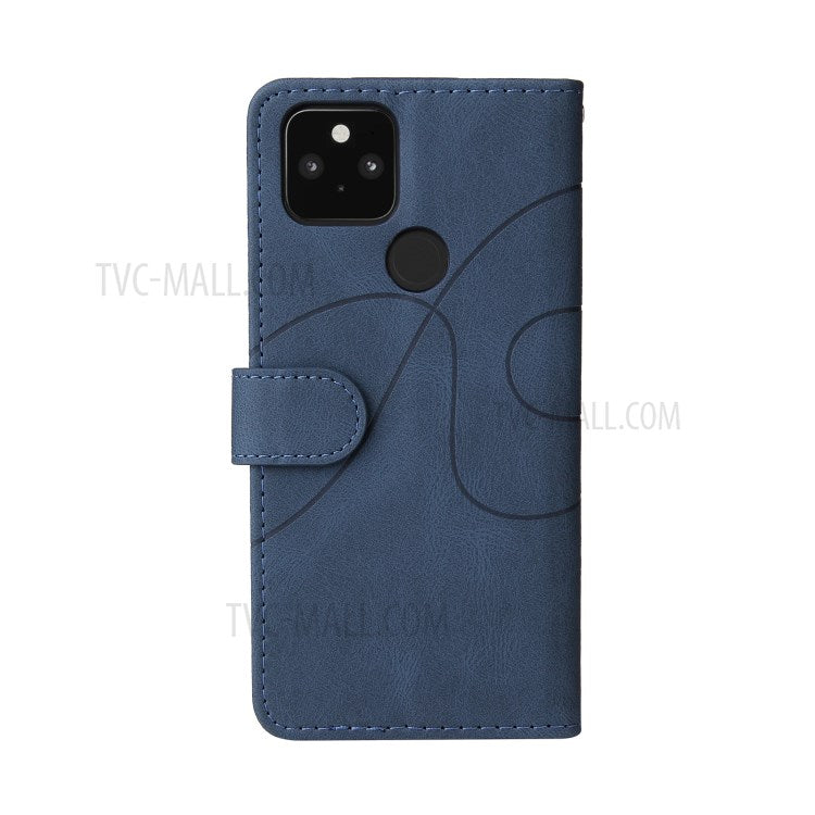 KT Leather Series-1 Dual-Color Contrast PU Leather Wallet Stand Case Cover with Wrist Strap for Google Pixel 5 XL - Blue