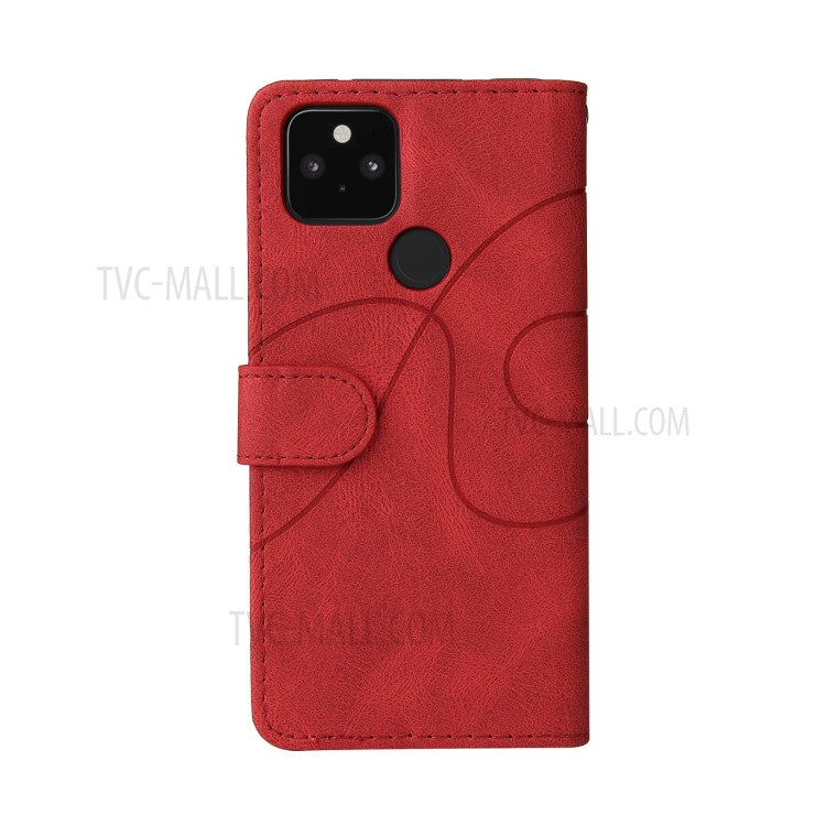KT Leather Series-1 Dual-Color Contrast PU Leather Wallet Stand Case Cover with Wrist Strap for Google Pixel 5 XL - Red