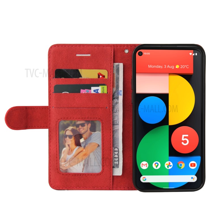 KT Leather Series-1 Dual-Color Contrast PU Leather Wallet Stand Case Cover with Wrist Strap for Google Pixel 5 XL - Red