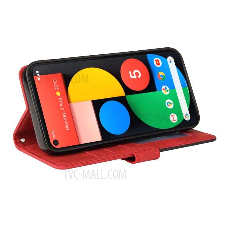 KT Leather Series-1 Dual-Color Contrast PU Leather Wallet Stand Case Cover with Wrist Strap for Google Pixel 5 XL - Red