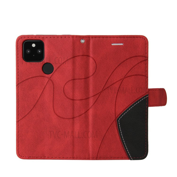 KT Leather Series-1 Dual-Color Contrast PU Leather Wallet Stand Case Cover with Wrist Strap for Google Pixel 5 XL - Red