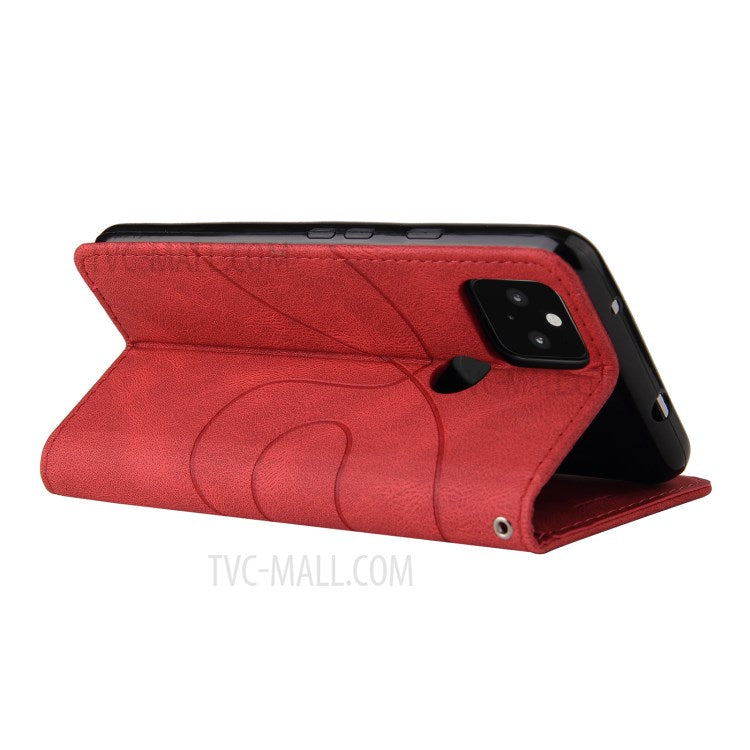 KT Leather Series-1 Dual-Color Contrast PU Leather Wallet Stand Case Cover with Wrist Strap for Google Pixel 5 XL - Red
