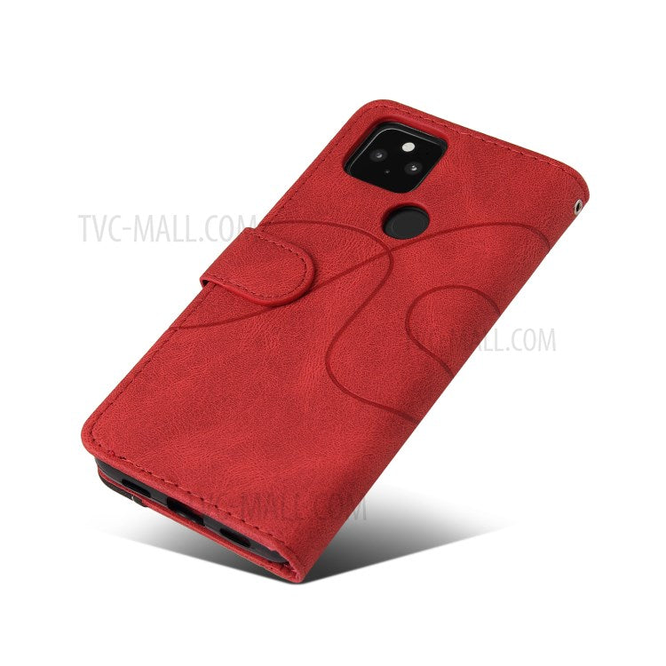 KT Leather Series-1 Dual-Color Contrast PU Leather Wallet Stand Case Cover with Wrist Strap for Google Pixel 5 XL - Red