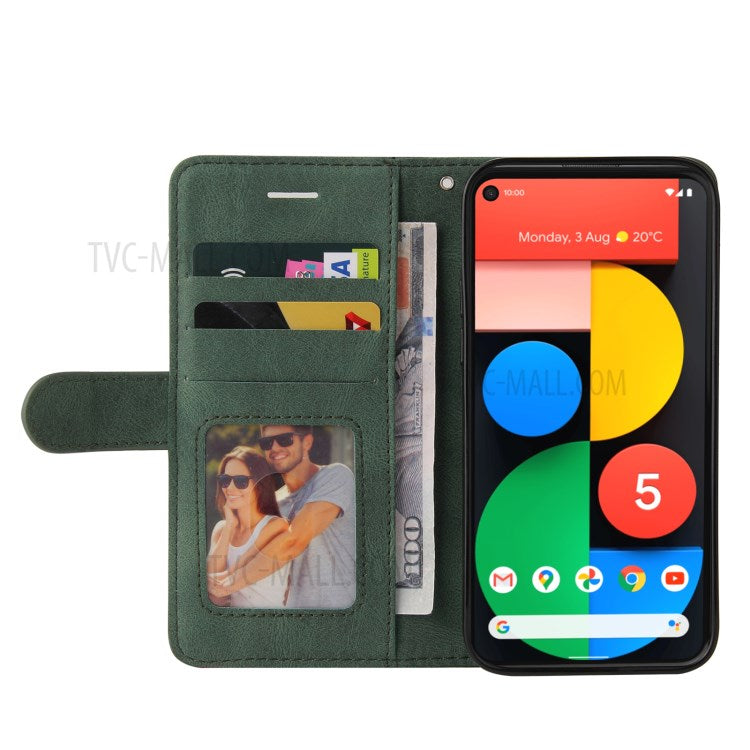 KT Leather Series-1 Dual-Color Contrast PU Leather Wallet Stand Case Cover with Wrist Strap for Google Pixel 5 XL - Green