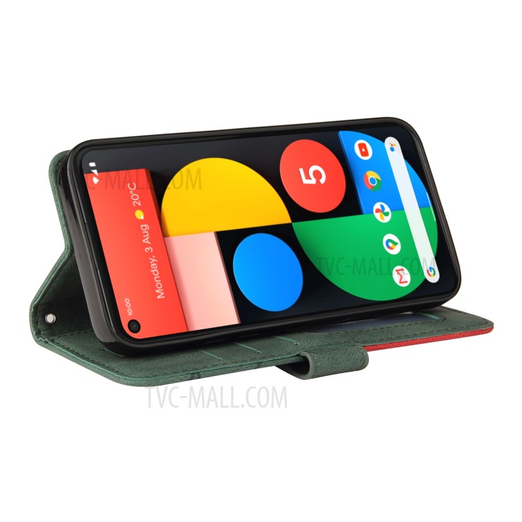 KT Leather Series-1 Dual-Color Contrast PU Leather Wallet Stand Case Cover with Wrist Strap for Google Pixel 5 XL - Green