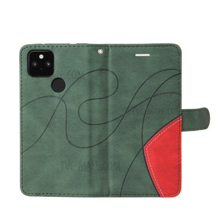 KT Leather Series-1 Dual-Color Contrast PU Leather Wallet Stand Case Cover with Wrist Strap for Google Pixel 5 XL - Green