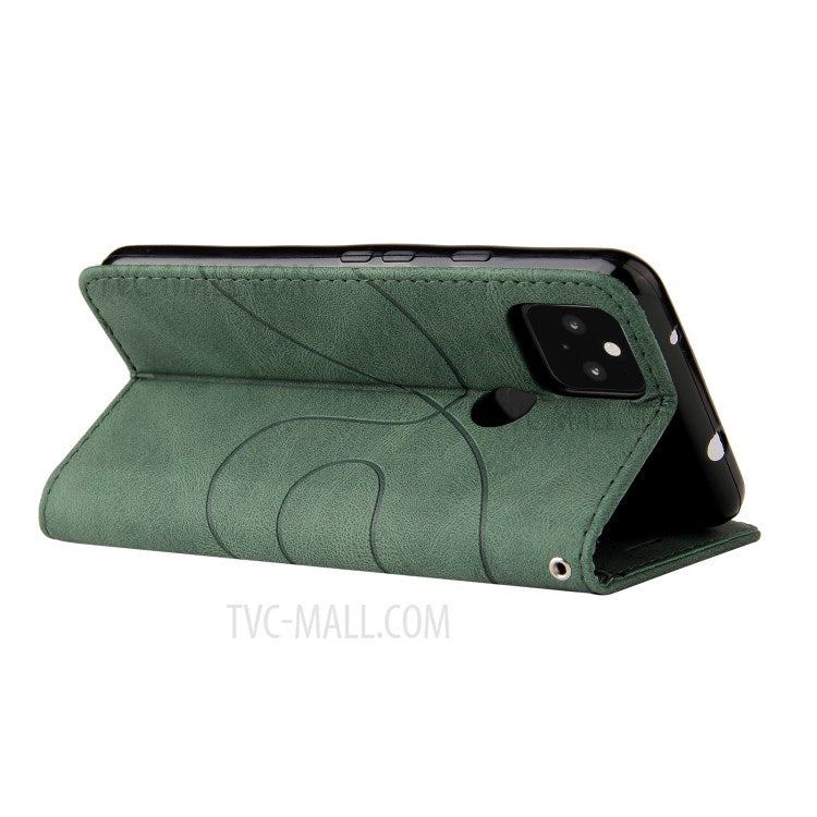 KT Leather Series-1 Dual-Color Contrast PU Leather Wallet Stand Case Cover with Wrist Strap for Google Pixel 5 XL - Green