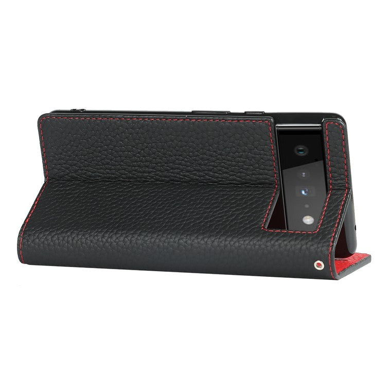 Genuine Leather Litchi Texture Cover Wallet Stand Phone Case with Strap for Google Pixel 6 - Black