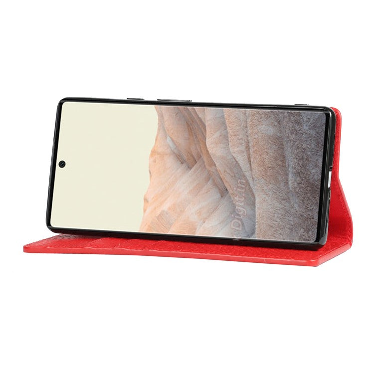 Genuine Leather Litchi Texture Cover Wallet Stand Phone Case with Strap for Google Pixel 6 - Black