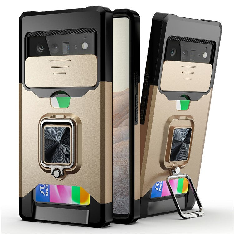 Card Slot Kickstand PC + TPU Hybrid Case Camera Slide Protector Phone Shell for Google Pixel 6 Pro - Gold