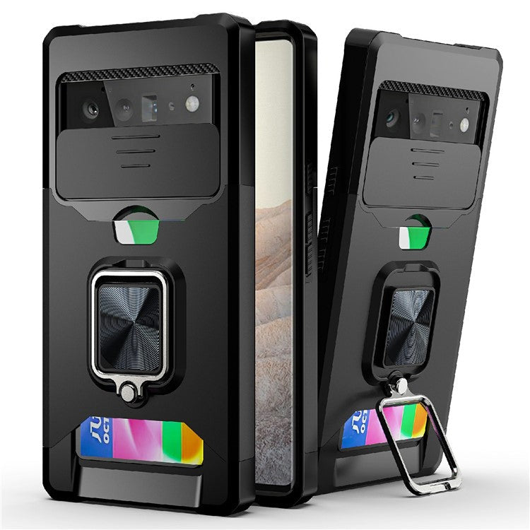 Card Slot Kickstand PC + TPU Hybrid Case Camera Slide Protector Phone Shell for Google Pixel 6 Pro - Black