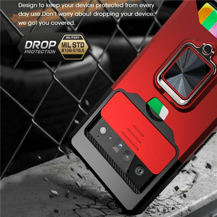 Card Slot Kickstand PC + TPU Hybrid Case Camera Slide Protector Phone Shell for Google Pixel 6 Pro - Black