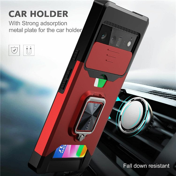 Card Slot Kickstand PC + TPU Hybrid Case Camera Slide Protector Phone Shell for Google Pixel 6 Pro - Black