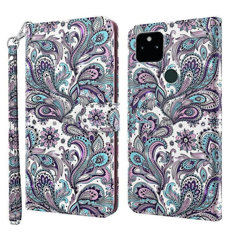 3D Pattern Printing All-round Shockproof Leather Stand Case Wallet Cover with Strap for Google Pixel 5a 5G - Purple Impatiens