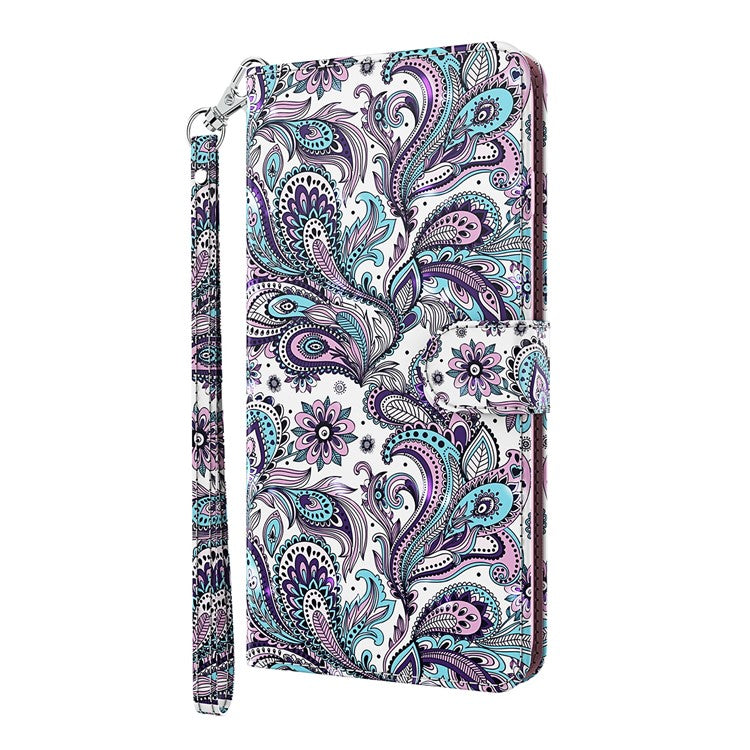 3D Pattern Printing All-round Shockproof Leather Stand Case Wallet Cover with Strap for Google Pixel 5a 5G - Purple Impatiens