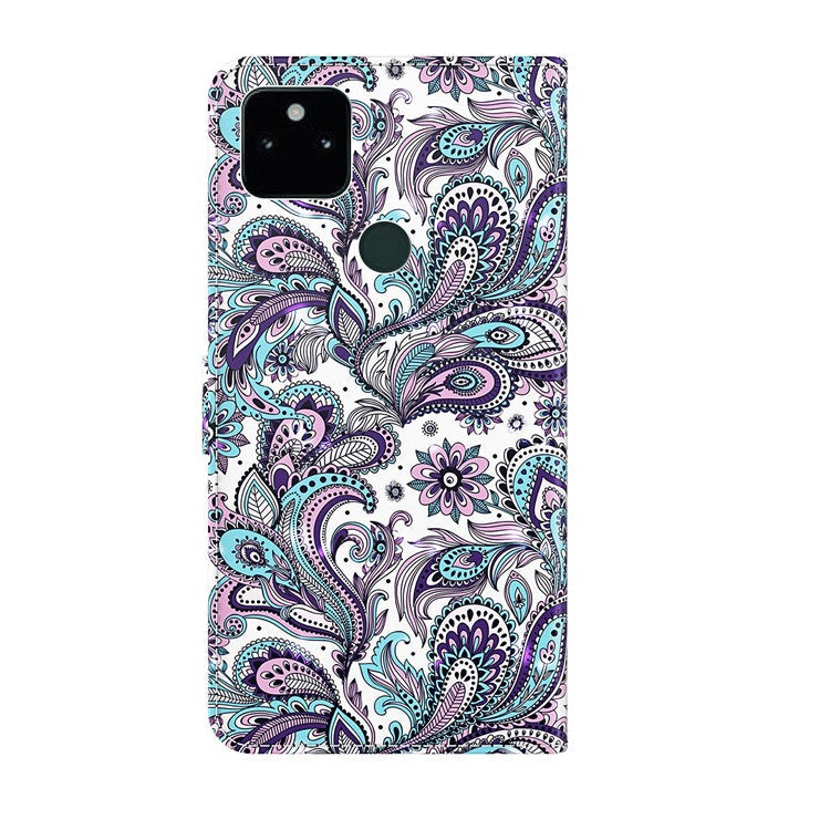 3D Pattern Printing All-round Shockproof Leather Stand Case Wallet Cover with Strap for Google Pixel 5a 5G - Purple Impatiens