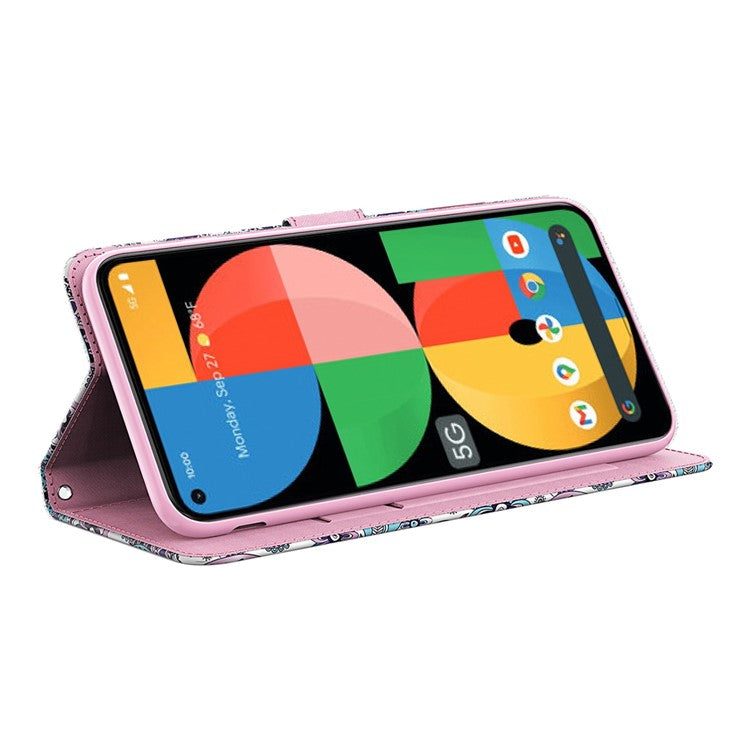 3D Pattern Printing All-round Shockproof Leather Stand Case Wallet Cover with Strap for Google Pixel 5a 5G - Purple Impatiens