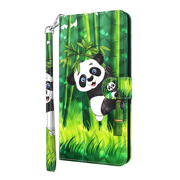 3D Pattern Printing All-round Shockproof Leather Stand Case Wallet Cover with Strap for Google Pixel 5a 5G - Panda Climbing Bamboo