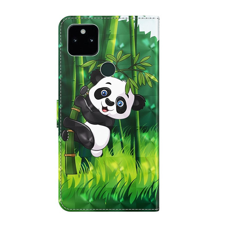 3D Pattern Printing All-round Shockproof Leather Stand Case Wallet Cover with Strap for Google Pixel 5a 5G - Panda Climbing Bamboo