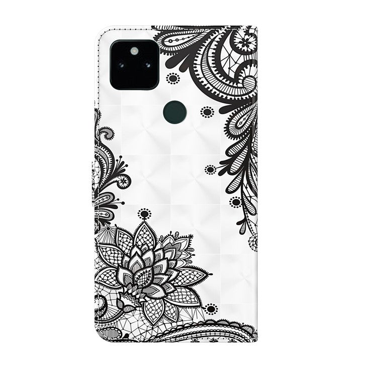 3D Pattern Printing All-round Shockproof Leather Stand Case Wallet Cover with Strap for Google Pixel 5a 5G - Lace Flower